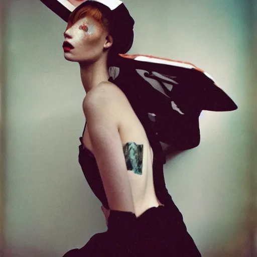 Image similar to kodak portra 4 0 0, wetplate, photo of an artsy model, girl, vogue shooting, weird and unique fashion, photographed by paolo roversi style