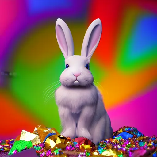 Prompt: A bunny is surrounded by rainbow colored gems and crystals. 8k, Octane Render, High Detail, Ray-tracing.