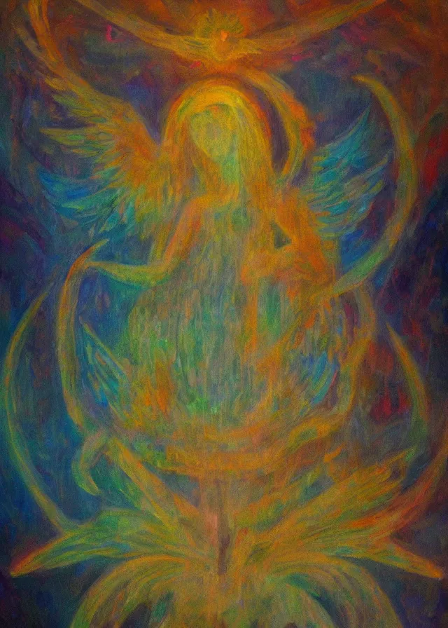 Prompt: last seraphim of the golden mythos beloved (expressionist) (dreamy) gnostic fog, award winning oil painting, chromatic aberration