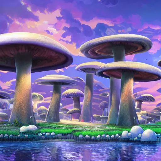 Image similar to beautiful matte art of the mushroom kingdom in the style of futuristic, photo realistic, 8 k uhd, high resolution, concept art detailed realistic, highly detailed, lighting, hyperrealistic, unreal engine
