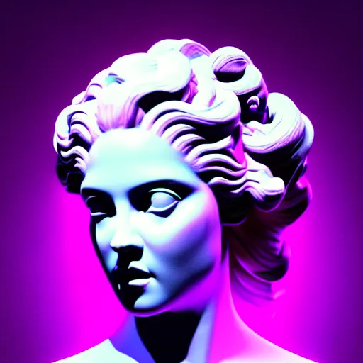 Image similar to sci - fi cgartist wide shot anaglyph ambient occlusion rendering of a hyper realistic marble greek statuary regal goddess head resembling ru paul glowing with embedded vaporwave leds product photo high key colored lighting, trending on artstation volumetric lighting