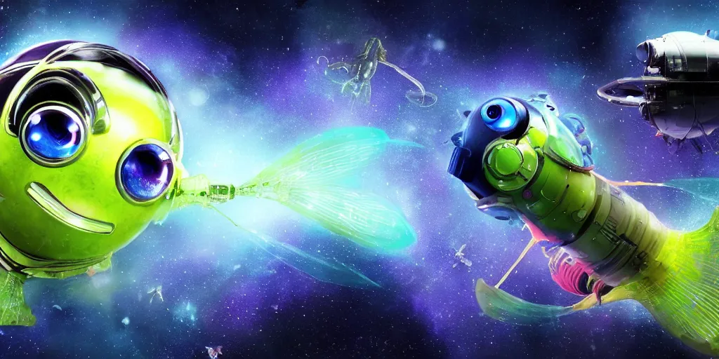 Prompt: seamonkey with big eyes and rgb ambient lit antennae. the seamonkey wears a spacesuit, and explores the cosmos in a submarine - shaped spaceships. science fiction blockbuster movie seamonkey mean no harm or the seamonkey from the swamp, dramatic lighting, interstellar film ( 2 0 1 4 )