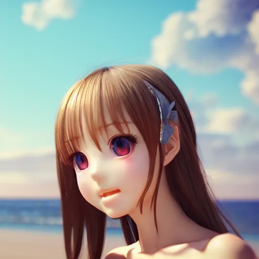 Prompt: Render of a very beautiful 3d anime girl, long hair, hazel eyes, cute freckles, full round face, short smile, cute sundress, silver tone, serene beach setting, medium shot, mid-shot, highly detailed, trending on Artstation, Unreal Engine 4k