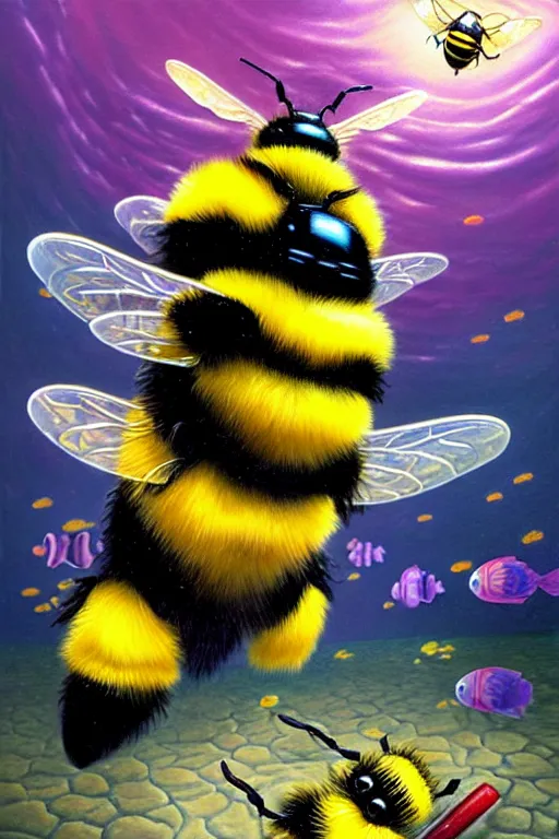 Prompt: classic oil painting, an adorable bumble bee playing with toys, as a dnd character, standing under the sea, cottagecore, highly detailed, digital illustration, concept art, smooth, sharp focus, art by tim hildebrandt, and greg hildebrandt