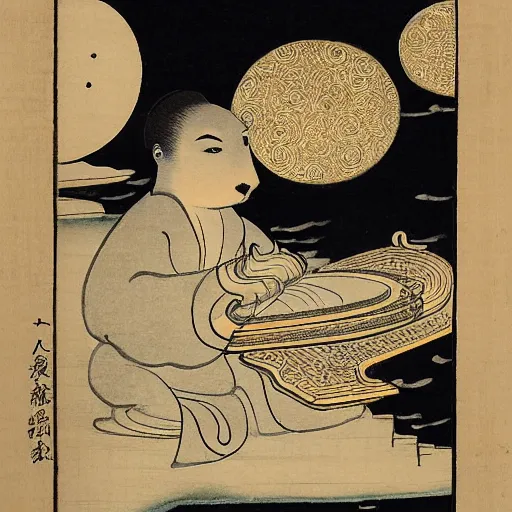 Image similar to an anthropomorphic baby harp seal deity, radiating golden light, wearing royal kimono, Japanese ink drawing from 1850