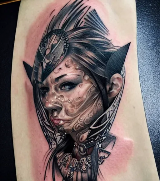 Prompt: tattoo design of a hyper realistic beautiful girl warrior, hyper detailed, in the design of eliot kohek, on white background