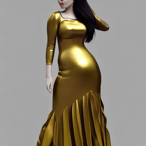 Image similar to a curvy feminine pale goth cutie with a thin waist in an elegant gold latex pleated dress, cgsociety, photorealistic, sublime-comforting-elegant ambience, 16k, smooth, sharp focus, trending on ArtStation, volumetric lighting, fully clothed, worksafe