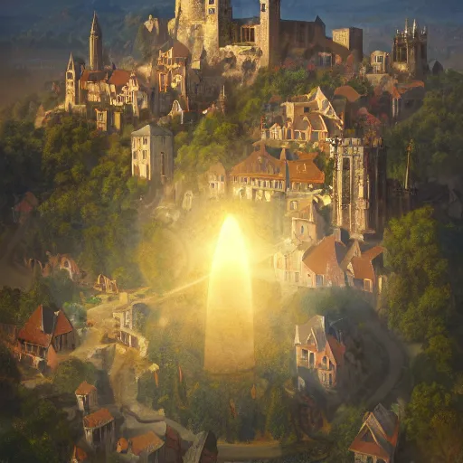 Prompt: aerial view of a hilly medieval town situated below an orb of light hanging in the sky. ornate pillar in foreground. bright orb, by alan lee by peter mohrbacher, trending on artstation sharp focus vfx key shot