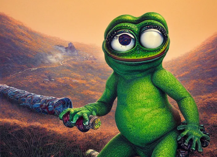 Prompt: hyper realistic detailed image of pepe the frog rolling a huge mate steel cube up the hill slope, by ayami kojima, amano, beeple, greg hildebrandt, and mark brooks, mystical, rich deep colors, cinematic light, long cinematic shot, extremely detailed, very coherent symmetrical artwork, 8 k