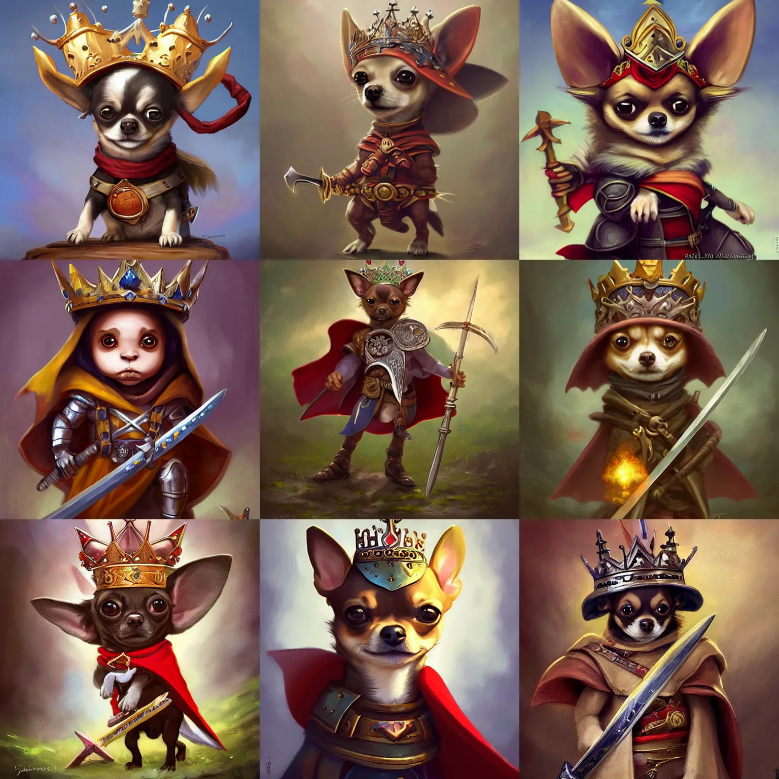 Prompt: cute little anthropomorphic Chihuahua swordsman wearing a cape and a crown, tiny, small, miniature Chihuahua baby animal, dog baby animal, short, cute and adorable, pretty, beautiful, DnD character art portrait, matte fantasy painting, DeviantArt Artstation, by Jason Felix by Steve Argyle by Tyler Jacobson by Peter Mohrbacher, cinematic lighting