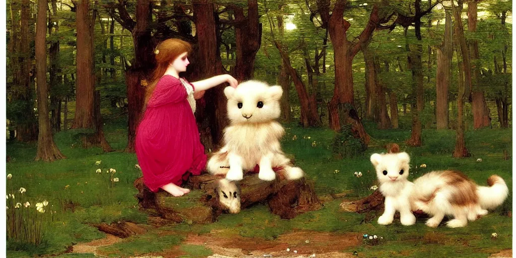 Image similar to 3 dd precious moments plush animal with realistic fur, olive green, dark red, fuchsia, off white color scheme, landscape, master painter and art style of john william waterhouse and caspar david friedrich and philipp otto runge