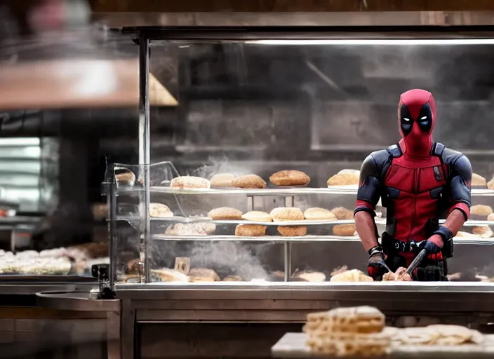 Image similar to film still of Deadpool working in a bakery in the new Deadpool movie, 4k