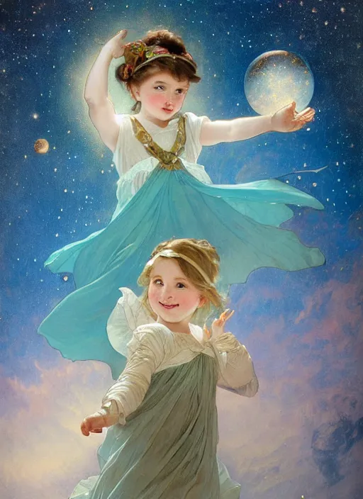 Prompt: a cute little girl with a round cherubic face, blue eyes, and short wavy light brown hair smiles as she floats in space with stars all around her. she is wearing a turquoise dress. beautiful painting by artgerm and greg rutkowski and alphonse mucha and irakli nadar