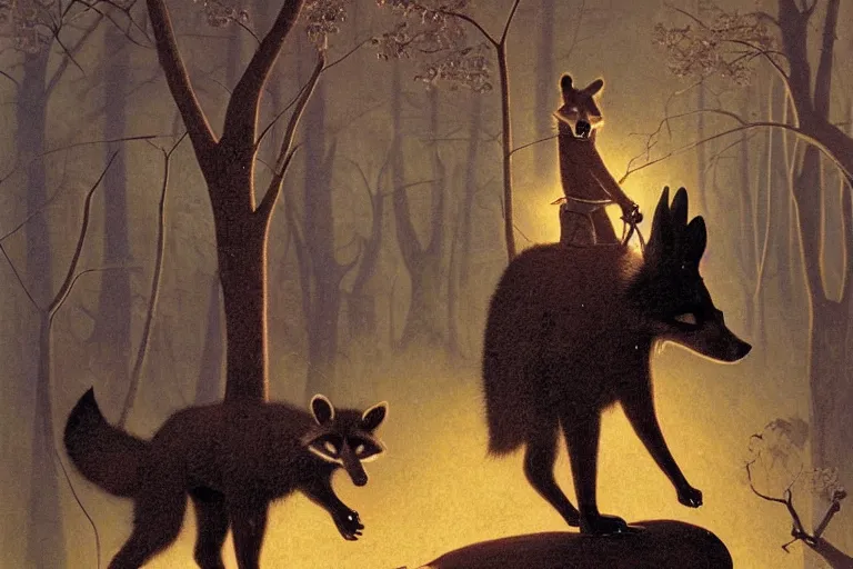 Image similar to a raccoon horseback riding on an oversized fox through a forest, digital art, furry art, glowing with silver light, illustration by jean - leon gerome, by winsor mccay, today's featured photograph, 1 6 k, character design, realistic, detailed