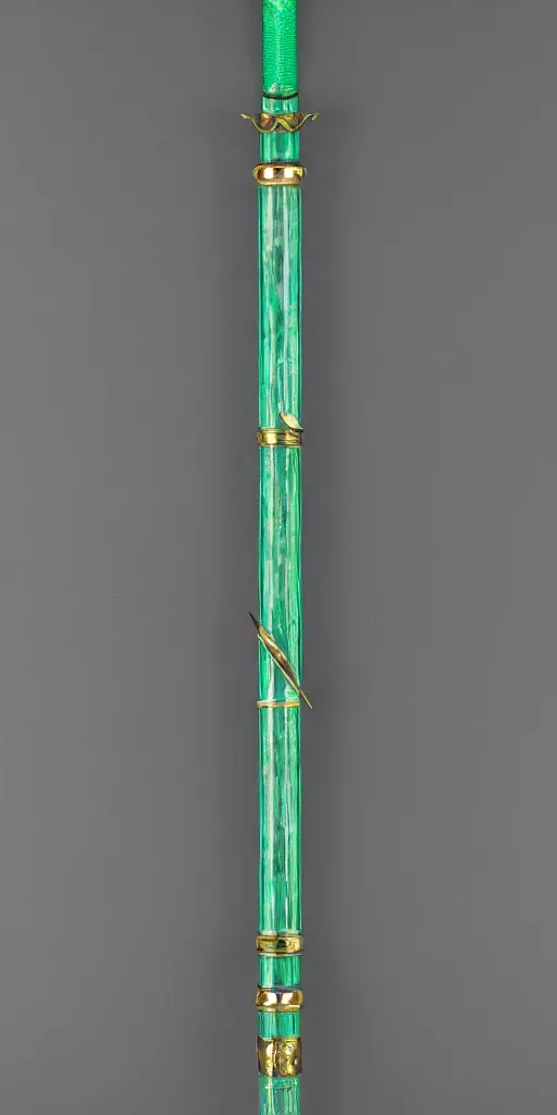 Image similar to photograph of a large green and teal crystal sword with a gold sword hilt