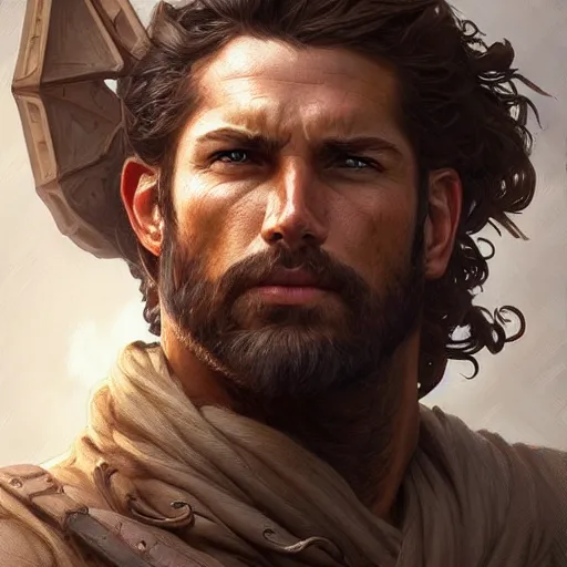 Prompt: portrait of a rugged ranger, muscular, upper body, 👅 👅 , D&D, fantasy, intricate, elegant, highly detailed, digital painting, artstation, concept art, smooth, sharp focus, illustration, art by artgerm and greg rutkowski and alphonse mucha