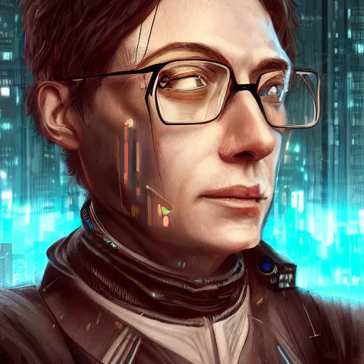 Prompt: portrait of a venerated historian, cyberpunk, detailed, artstation, digital art