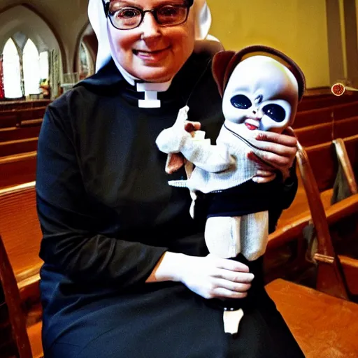 Prompt: a nun in church holding chucky the demonic killer doll on her lap