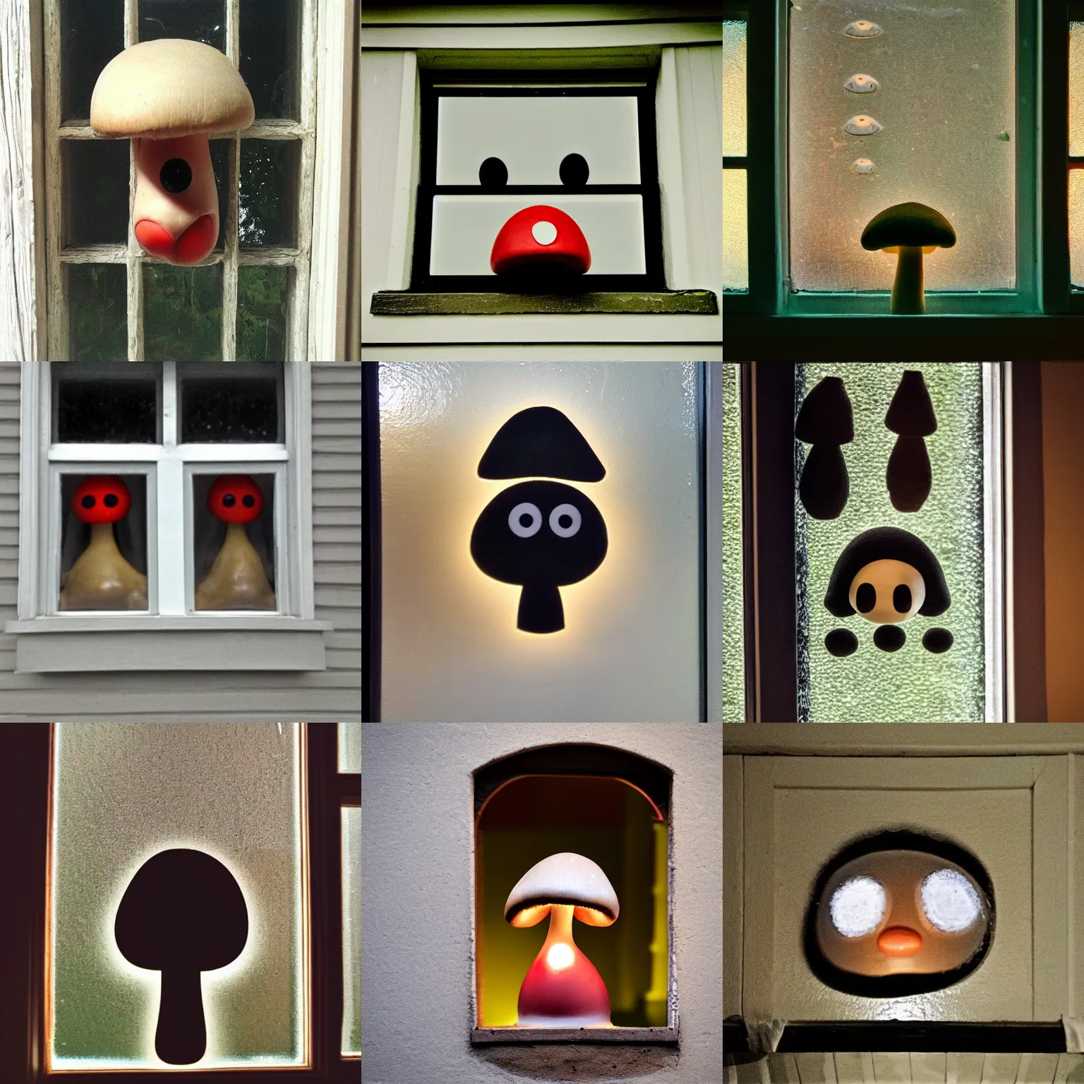 Prompt: mushroom man face in dark window at night, peering in. mushroom with eyes standing outside the kitchen window