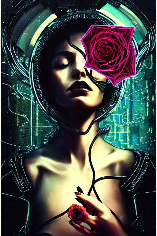 Image similar to dreamy cyberpunk space princess smelling a rose, abstract black leather, digital nodes, beautiful woman, detailed acrylic, grunge, intricate complexity, by dan mumford and by lee jeffries, peter lindbergh