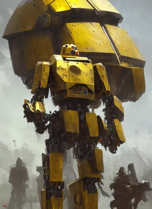 Image similar to human-sized strong intricate yellow pit droid carrying very detailed great sword and beautiful large paladin shield, pancake short large head, exposed metal bones, painterly humanoid mecha, by Greg Rutkowski