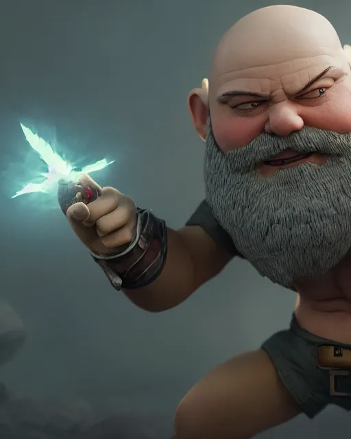 Prompt: bald gnome big white beard, dagger, bomb, running, field, angry, hyper realism, cinematic, volumetric lighting, high detail, octane render, depth of field, dnd, extremely detailed, very sharp, in the style of greg rutkowski