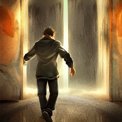 Image similar to a man walking into the portal, concept art, illustration, highly detailed, artwork, cinematic, hyper realistic, art station