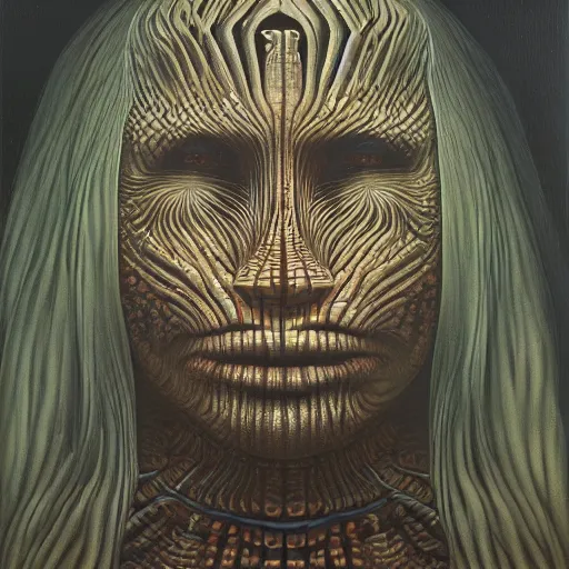 Image similar to monalisa by jacek yerka, alex gray, zdzisław beksiński, dariusz zawadzki, jeffrey smith and h.r. giger, oil on canvas, 8k highly professionally detailed, trending on artstation