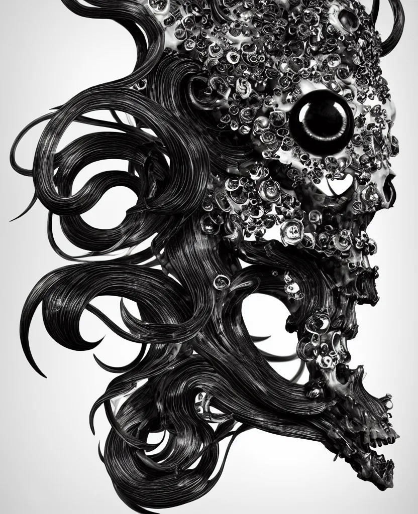 Image similar to goddess princess face close-up portrait ram skull. sculpture made of black stone with elements made of polished gold. jellyfish phoenix head, nautilus, orchid, skull, betta fish, bioluminiscent creatures, intricate artwork by Tooth Wu and wlop and beeple. octane render, trending on artstation, greg rutkowski very coherent symmetrical artwork. cinematic, hyper realism, high detail, octane render, 8k