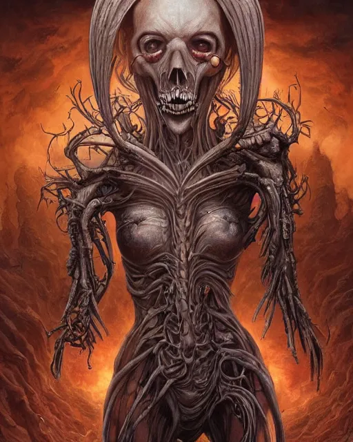 Image similar to death is swallowed up in victory, very detailed and beautiful womans face, screaming with fear, artwork by artgerm, centered shot, wide angle, full body, elfpunk, artwork by naoto hattori, giger, landscape art by john howe