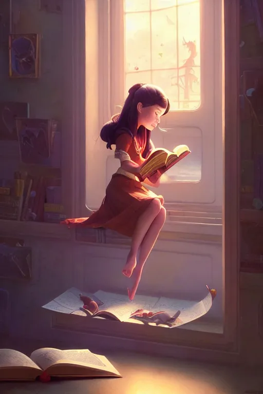 Image similar to highly detailed portrait of beautiful girl reading a book in toy story, dynamic pose, stephen bliss, unreal engine, fantasy art by greg rutkowski, loish, rhads, ferdinand knab, makoto shinkai and lois van baarle, ilya kuvshinov, rossdraws, tom bagshaw, global illumination, radiant light, detailed and intricate environment