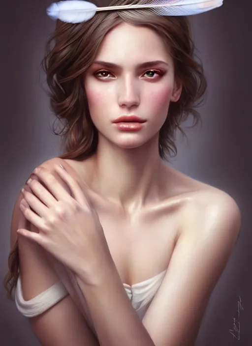 Prompt: a gorgeous female photo, professionally retouched, soft lighting, wearing a feather dress, realistic, smooth face, perfect eyes, wide angle, sharp focus on eyes, 8 k high definition, insanely detailed, intricate, elegant, art by artgerm and greg rutkowski and stefan kostic