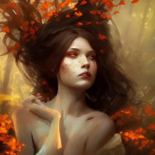 Image similar to portrait of a beautiful autumn fairy by greg rutkowski, fantasy, realism, trending on artstation