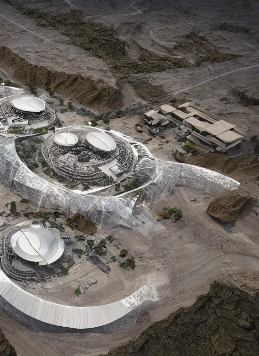 Prompt: bioremediation white mining tailing futuristic horizontal architecture in chuquicamata, epic, cinematic, hyperealistic, high detailed, corona render, hdr, ray tracing