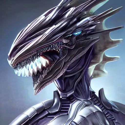 Image similar to stunning headshot of a beautiful anthropomorphic robot female dragon, with smooth and streamlined armor, standing and posing elegantly, well detailed dragon head with epic LED eyes and a beautiful organic maw with the pov looking inside, sharp and dangerous sleek design, two arms, beautiful digital art, artstation, DeviantArt, FurAffinity, professional, depth of field, close-up, hd, octane render, sunset lighting