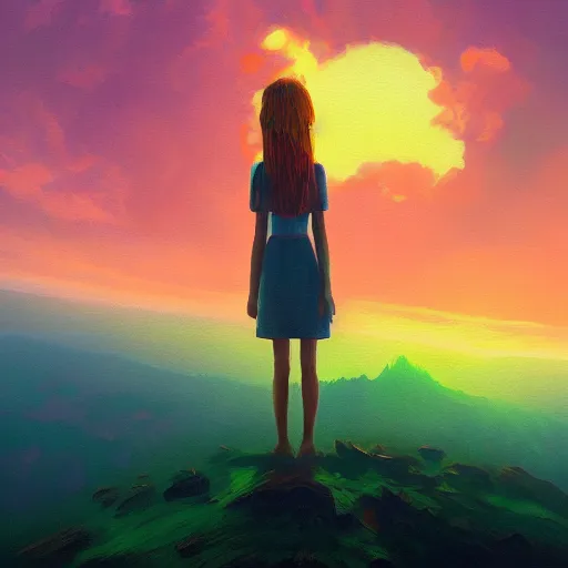 Image similar to closeup, giant flower head, girl standing on cliff, surreal photography, sunrise, blue sky, dramatic light, impressionist painting, digital painting, artstation, simon stalenhag