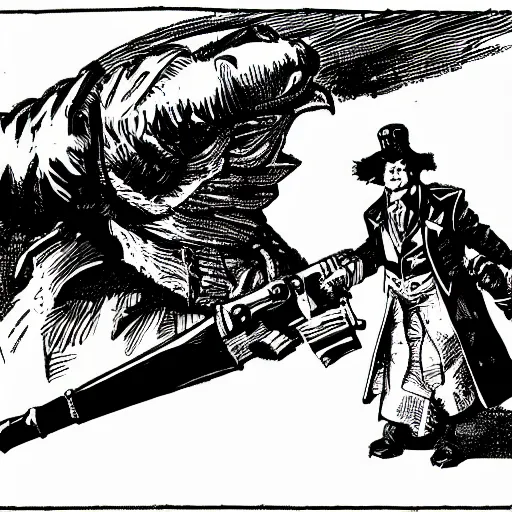 Image similar to a grouse holding a blunderbuss, comic book style, by frank miller, dramatic lighting, high quality, highly detailed