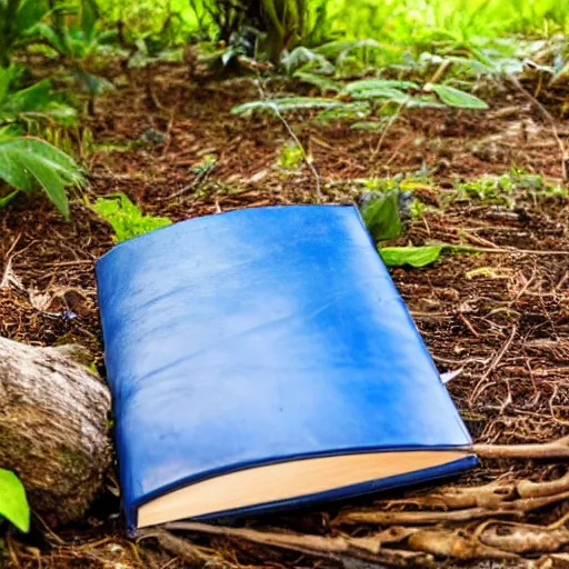Prompt: a blue leather bound book, standing open on a wooden stump in a jungle, vines growing around