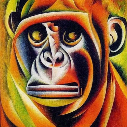 Image similar to cubo - futurism art portrait of an ape monkey by umberto boccioni, futuristic very abstract style painting, futurism art movement