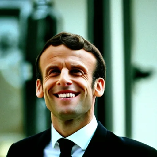 Prompt: Emmanuel Macron laughing in American Psycho (1999)