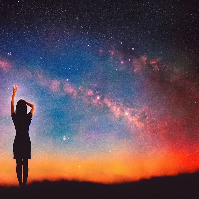 Prompt: a beautiful landscape of a starry sky with an beautiful woman waving to the horizon, cinematic, dramatic, color grading, photojournalism, colorful, highly detailed, album cover with text vystava