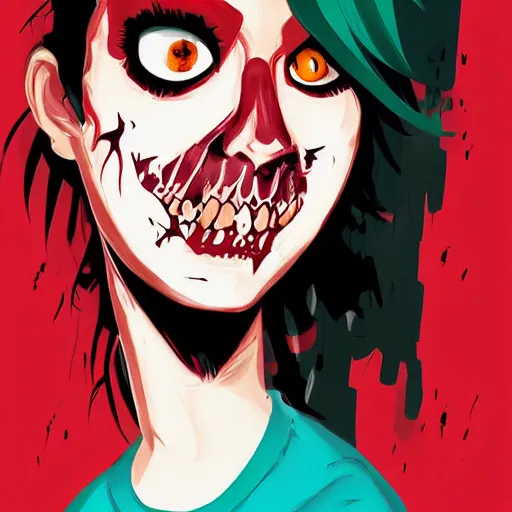 Image similar to Highly detailed portrait of a latino punk zombie young lady by Atey Ghailan, by Loish, by Bryan Lee O'Malley, by Cliff Chiang, inspired by iZombie, inspired by graphic novel cover art !!!red, brown, black and white color scheme ((dark blue moody background))