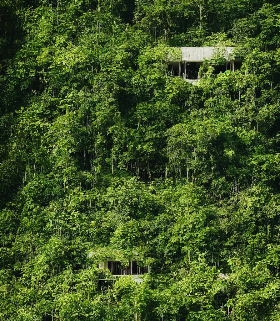 Prompt: a house made of rampant vine growth, in a clearing in the middle of a vine forest, dappled sunlight, 35mm photography, in the style of david chipperfield and gregory crewdson