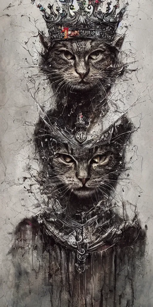 Prompt: a humanoid king old cat with a crown, Atmospheric beautiful by Stanley Artgerm, Tom Bagshaw, Arthur Adams, Carne Griffiths, trending on Deviant Art, street art, chillwave, maximalist, full of color, glittering, 8k, hd