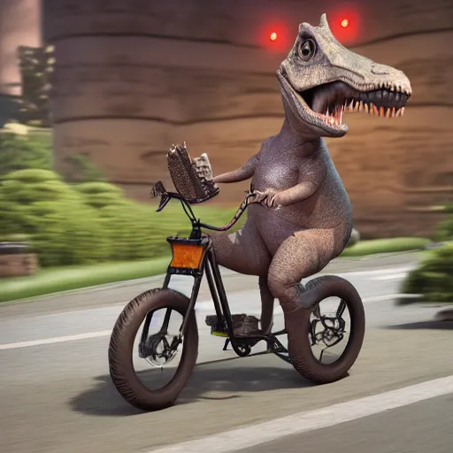 Image similar to Octane render of a silly dinosaur riding a bike outside, 8k, very intricate, very detailed,