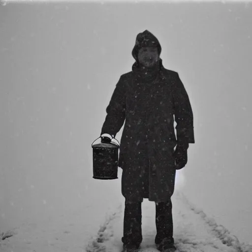 Image similar to a man holds a lantern, snowstorm, foggy, cold, view from the distance, black and white vintage photo