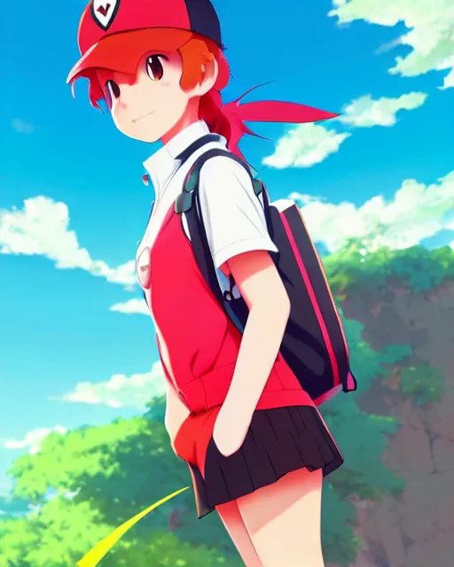 portrait of cute pokemon trainer girl with vibrant red, Stable Diffusion