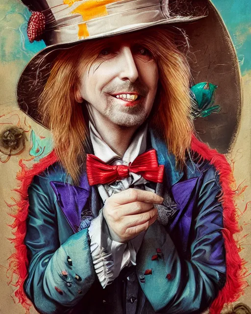 Image similar to tom petty as the mad hatter, contrast, kim jung gi, greg rutkowski, zabrocki, karlkka, jayison devadas, trending on artstation, 8 k, ultra wide angle, zenith view, pincushion lens effect