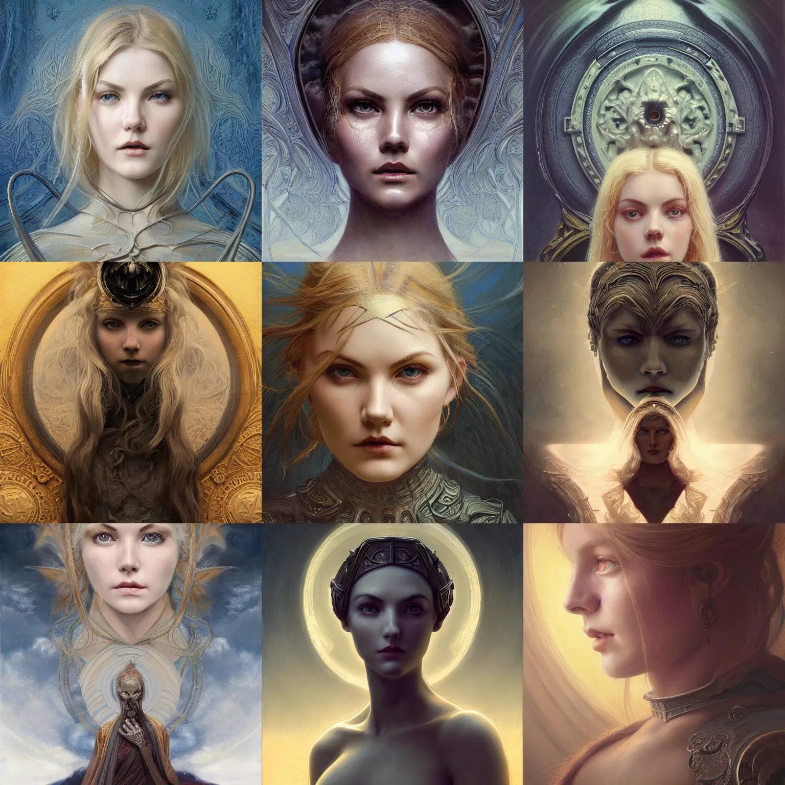 Prompt: masterpiece head-on symmetrical centered portrait, Elisha Cuthbert as a paladin, blonde hair, art nouveau, gothic, victorian, elegant, distant, in the style of Edgar Maxence and Ross Tran and Zdzisław Beksiński and Michael Whelan and Gustave Doré and H.R. Giger, specular highlights, 8k, octane render