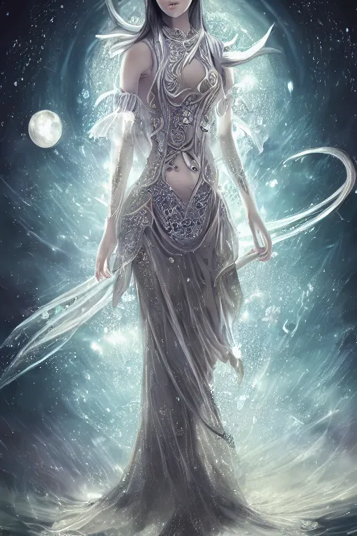 Image similar to a moon wizard dressed in intricate silver clothing surrounded by water particles above a serene pond, fantasy, wlop, trending on artstation, deviantart, anime key visual, official media, professional art, 8 k uhd